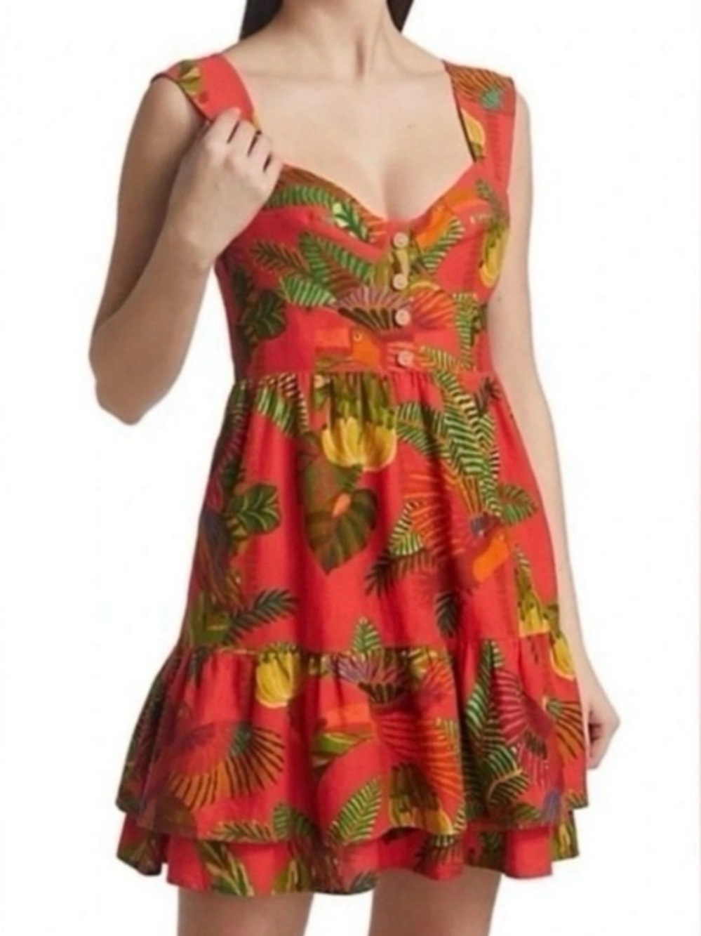 FARM Rio Red Tropical Print Mini Dress with Green and Yellow Leaves